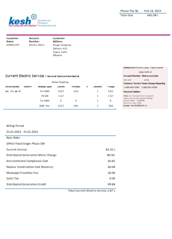 Albanian Power Corporation utility business bill, SCR PSD template